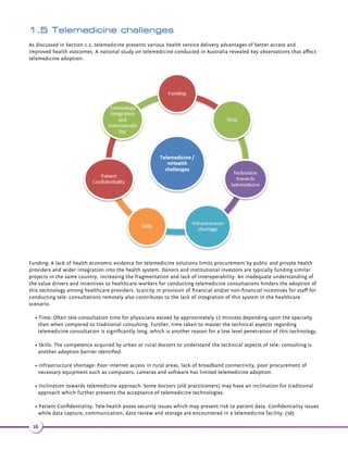 in the near future. Although communication between a doctor and a patient can be facilitated by mobile access devices, 
the actual dissemination of advice has to be brought about in a manner that ensures optimal health outcomes for the 
patient. 
•=!2$-$.%23 -# 1#2%.1+(-* $ -#.,/ 3(!(+(38!$36$$-#(á$1$-33$+$.,,4-( 3(.-2$15($2]3$1,(- +2]#$5($ 
standards and m-Health protocols. 
•7/$-2(5$.,,4-( 3(.-+(-*2!$36$$-2 3$++(3$ -#+.! +,.!(+$#$5($2YfaZ_ 
• 1(38.%+.! + 5 (+ !(+(38.%c_f -#d2$15($2%.1$^$ +3'2$15($2YfaZ_ 
• *.%(-3$1 3(.-!$36$$-$7(23(-$^$ +3'2$15($2 -#.3'$1(-%.1, 3(.-2823$,23' 3 1$4-#$1#$5$+./$# -#  
not uniformly standardized (50) . 
Another barrier for the inclusion of next generation m-Health systems is corporate / institutional expenditure. A potential 
pitfall that health delivery systems may face is best summed up in this equation: Current Organization+ New technology= 
Expensive Current Organization 
The cost of implementation of m-Health solutions either with or in lieu of pre-existent telemedicine or traditional 
healthcare solutions is a significant challenge, especially in under-developed nations. A scrutiny of the whole system of 
care delivery processes, roles and responsibilities of team members, organization and structures including that of 
technology required to change this equation is mandated to tilt the balance towards profitability (52). 
Inclusion of cell phone service providers and device manufacturers, as stakeholders in the development and deployment 
process for m-Health systems, might be a feasible approach to disperse the cost burden of an m-Health ecosystem. 
Additionally, innovations in work organization of health care professionals and inclusion of citizens/patients as active 
participants along with the specialized professional healthcare teams are possible ways to change the equation for the 
current healthcare systems. 
1.4 Interoperability for telemedicine technology 
The range and diversity of digital devices and communication technology is a dual-edged sword. 
On one hand, multiplicity in digital technologies is beneficial because it creates opportunities for diversification, cost 
optimization and customization of solutions and architecture. 
On the other hand, the varied bouquet of information and digital technologies 
can pose a challenge for linkage between non-identical technologies 
deployed at various stages in large-scale telemedicine architecture. 
Integration, provision of bridge technologies / software and seamless 
operation of multiple devices and communication modalities is 
absolutely essential for successful implementation of telemedicine and 
m-Health ecosystems. 
Telemedicine applications are not autonomous in a physically integrated 
e-Health domain, as far as their interoperability is concerned. 
Communication with other medical information systems such as Radiology 
Information Systems (RIS), Laboratory Information Systems (LIS) and 
Electronic Health Record (EHR) is required. Integration of all systems and 
applications is the next step towards interoperability which will allow these 
systems to operate as a continuum. Creation of updated and consistent medical files and 
supporting necessary mobility for both patients and medical personnel is aided through interoperable systems. 
Interoperability of diverse technologies is also essential to reduce time of delivery of healthcare. These interdependent 
systems must be designed as per defined interoperability standards as adherence to these standards and guidelines 
facilitate realization of the full potential of devised solutions for telemedicine. Some typical standards for different 
sub-systems of a telemedicine facility include data standards, data exchange messaging standards and medical image 
capture, storage and transmission standards (HL7, DICOM). Also, IT infrastructure technical standards for 
interconnectivity, interoperability and scalability are recommended standards for telemedicine facilities. 
Various organizations are actively engaged in defining standards for interoperability between multiple components aimed 
at creating a better and efficient telemedicine environment. These standard-developing organizations have set the 
parameters due to their pioneering research in their respective fields (53). 
13 
 