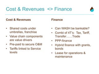 Cost & Revenues <> Finance
Cost & Revenues
• Shared costs under
umbrellas, franchise
• Value chain components
are value drivers
• Pre-paid to secure O&M
• Tariffs linked to Service
levels
Finance
• Can WASH be bankable?
• Combi of 4T’s: Tax, Tariff,
Transfer……Trade
• PPP-finance
• Hybrid finance with grants,
bonds
• Lease for operations &
maintenance
 