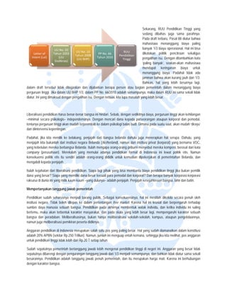  


                                                                                      Seka arang, RUU Pe  endidikan Tingg yang
                                                                                                                         gi
                                                                                      sedaang dibahas ju  uga sama par    rahnya.
                                                                                      Pada draft terbaru, P
                                                                                           a               Pasal 88 diatur bahwa
                                                                                      maha  asiswa menan  nggung biaya paling
                        UU No. . 20                                                   bany 1/3 biaya op
                                                                                           yak            perasional. Hal iini bisa
                                       UU Noo. 10                         RU
                                                                           UU 
     Letter of         Tahun 22003                    PP No
                                                          o. 66                       dikattakan politik pencitraan sekaligus
                                      Tahun 22008                     Pendiddikan 
    Intent (LLoI)          (UU                       Tahun 2010                       peng galihan isu. Dengan ditambahka kata
                                                                                                                          an
                                       (UU BHP)                          Ting
                                                                            ggi
                        Sisdikn
                              nas)
                                                                                      ‘palin banyak’, sea
                                                                                           ng              akan-akan mahasiswa
                                                                                      mend  dapat keringa  anan biaya untuk
                                                                                      mena  anggung biaya. Padahal tida ada
                                                                                                                         ak
                                                                                      jamin bahwa akan kurang jauh da 1/3.
                                                                                           nan             n               ari
                                                                                      Bahk kan, hal yang lebih besarnya lagi,
                                                                                                                           a
dalam draft tersebut tidak ditegaskan da dijabarkan b
              t               k             an            berapa persen atau bagian pe     emerintah dalam menanggung biaya
                                                                                                           m             g
perguruan t  tinggi. Jika dalam UU BHP 1/3, dalam PP No. 6
                              m                           66/2010 adalah semampunya, m    maka dalam RUU ini sama seka tidak
                                                                                                           U              ali
diatur. Ini ya dimaksud de
             ang              engan pengaliha isu. Dengan terbuai, kita lupa masalah yang llebih besar.
                                            an                             a



Liberalisasi pendidikan haru benar-benar b
                           us             bangsa ini hinda Sebab, dengan sedikitnya biaya, perguruan tinggi akan kehiilangan
                                                         ari.
–minimal se ecara psikologis independensiinya. Dengan m
                           s–                            mencari dana ke
                                                                       epada perseoranngan ataupun kkorporat dan peemodal,
tentunya peerguruan tinggi akan mudah terje
                           a              erembab ke dala psikologi bala budi. Dimana pada suatu saa akan mudah ‘‘dirayu’
                                                         am            as            a              at,
dan diintervensi kepentingan.

Padahal, jik kita menilik ke belakang, p
           ka                            penjajah dari ba
                                                        angsa belanda dahulu juga me enerapkan hal serupa. Dahulu yang
                                                                                                                   u,
menjajah kita bukanlah dar institusi negar Belanda (Netherland), namu dari institusi privat (korporat) yang bernama VOC,
                           ri             ra                           un                            )             a
yang kebetu mereka ber
           ulan           rbangsa Belanda Itulah mengap orang-orang pribumi menyeb mereka kom
                                          a.             pa                          but           mpeni, berasal da kata
                                                                                                                   ari
company (p perusahaan). Merekalah yang memulai adan pendidikan formal di Indo
                          M                             nya                          onesia ini lewa politik etis. N
                                                                                                    at              Namun
konsekuens politik etis itu sendiri adalah orang-orang d
           si             u              h              dididik untuk kemudian dipeker
                                                                                     rjakan di pemer rintahan Beland dan
                                                                                                                   da,
mengabdi kkepada penjajah. .

           hatan dari liberalisasi pendidikan. Siapa lagi pihak yang bisa m
Itulah kejah                                                              membantu biaya pendidikan tin jika bukan pemilik
                                                                                       a              nggi
dana yang b besar? Siapa ya memiliki dan besar kecuali para pemodal d korporat? D berapa bany korporasi-korporasi
                           ang             na                             dan         Dan             yak
raksasa di d
           dunia ini yang milik kaum-kaum – –yang dulunya– adalah penjajah Penjajah kese
                                                           –              h.           ejahteraan bangsa, lahir dan bat
                                                                                                                      tin.

Mempertan
        nyakan tanggun jawab pemer
                     ng          rintah

Pendidikan sudah seharusnya menjadi ba   arang publik. Se
                                                        ebagai konsekueensinya, hal ini mestilah dikelo secara penu oleh
                                                                                                      ola             uh
            gara. Tidak bole dilepas ke d
institusi neg              eh            dalam pertentanngan free marke Karena hal iini krusial dan berpengaruh terhadap
                                                                      et.
sumber day manusia seb
            ya            buah bangsa. P Pendidikan pada akhirnya mem
                                                        a            mbentuk watak in  ndividu, dan ke
                                                                                                     etika individu ini saling
bertemu, m maka akan terbeentuk karakter m
                                         masyarakat, dan pada skala ya lebih besar lagi, mempengaruhi karakter s
                                                        n             ang                                              sebuah
bangsa dan peradaban. Meliberalisasinya bukan hanya meliberalisasi sekolah-sekolah kampus, ataupun pengelola
            n             M              a,                                            h,                             aannya,
namun juga meliberalisasi pemikiran pesert didiknya.
            a             p               ta

Anggaran ppendidikan di Inddonesia merupak salah satu p yang paling besar. Hal yang sudah diamanatkan dalam konstitusi
                                            kan            pos                    g
adalah 20% APBN (sekitar Rp.250 Trilliun). Namun, jumlah ini menguap en kemana, se
         %                                  .              h          ntah        ehingga jika kita melihat, pos anggaran
untuk pendidikan tinggi tidak lebih dari Rp.2 T setiap tahun
                                            20             n.

Sudah sepaatutnya pemerin bertanggung jawab lebih m
                         ntah                       mengenai pendid                negeri ini. Anggaran yang besa tidak
                                                                   dikan tinggi di n                              ar
sepatutnya dibarengi denga pengurangan tanggung jawab dari 1/3 menja semampunya dan bahkan tidak diatur sama sekali
                         an                          b             adi             a,                             a
besarannya Pendidikan ad
          a.             dalah tanggung jawab penuh p
                                                    pemerintah, dan itu merupakan harga mati. Ka   arena ini berhub
                                                                                                                  bungan
dengan karaakter bangsa.
 