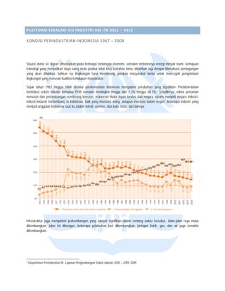  


PLATFOR
      RM ESKALA SI ISU INDU
                          USTRI KM IT
                                    TB 2011 – 2 012  

KONDISI
      I PERINDUS
               STRIAN IND ONESIA 19 67 – 2004




Situasi dunia ke depan dih
                         hadapkan pada berbagai tantanngan ekonomi, semakin terbata
                                                                                  asnya energi minyak bumi, kemmajuan
teknologi ya menjadikan daya saing mu produk tidak bisa bertahan lama, ditambah lagi dengan lib
           ang                          utu                                                    beralisasi perdag
                                                                                                               gangan
yang akan dihadapi, bahk isu lingkun
                         kan            ngan turut menndorong gerakan masyarakat dunia untuk m mencegah penge  elolaan
lingkungan y
           yang merusak kualitas kehidupa masyarakat.
                        k               an

Sejak tahun 1967 hingga 2004 struktur perekonomian Indonesia men
             n                                                               ngalami peruba ahan yang signifikan. Perlahan n-lahan
kontribusi ssektor industri te
                             erhadap PDB s semakin mening  gkat hingga dar 7.3% hingga 28.1%. 1 Sebalik
                                                                             ri                            knya, sektor pertanian
menurun da pertambanga cenderung k
            an              an             konstan. Indones mulai lepas landas dari negara agraris me
                                                            sia                                             enjadi negara in
                                                                                                                           ndustri.
Industri-indu berkemban di Indonesia, baik yang investasi asing, ataupun investasi d
            ustri           ng                                                               dalam negeri. B
                                                                                                           Beberapa industri yang
menjadi ung ggulan Indonesia saat itu adalah tekstil, garmen, alas kaki, rotan dan lainnya.
                             a             h                                 n,




Infrastruktur juga mengalami perkembang yang sanga signifikan dalam rentang wa
            r                           gan           at                          aktu tersebut. JJalan-jalan raya mulai
                                                                                                                 a
dikembangk  kan, jalan tol dibangun, beberapa pelabuhan laut dikemba
                           d                          n            angkan, jaringan listrik, gas, d air juga se
                                                                                  n               dan            emakin
dikembangk  kan.




                                                                 
1   Departemen Perindustrian RI Laporan Pengem
             n                I.             mbangan Sektor In
                                                             ndustri 2004 – 200 2009
                                                                              09.
 