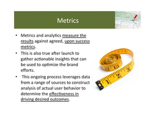 Metrics	
  

•  Metrics	
  and	
  analy4cs	
  measure	
  the	
  
   results	
  against	
  agreed,	
  upon	
  success	
  
 ...