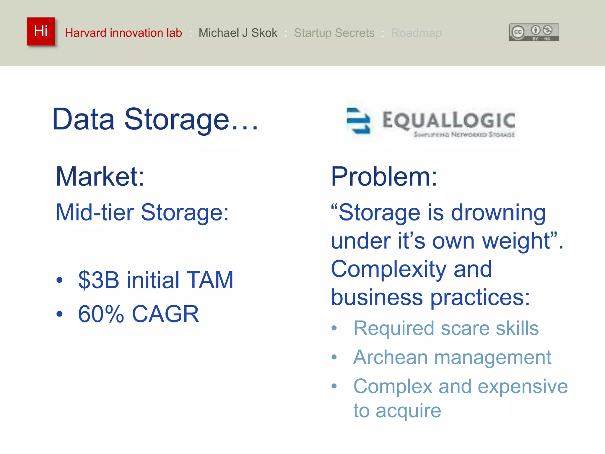 Harvard innovation lab : Michael Hi J Skok : Startup Secrets : Roadmap 
Data Storage… 
Market: 
Mid-tier Storage: 
• $3B initial TAM 
• 60% CAGR 
Problem: 
“Storage is drowning 
under it’s own weight”. 
Complexity and 
business practices: 
• Required scare skills 
• Archean management 
• Complex and expensive 
to acquire 
 
