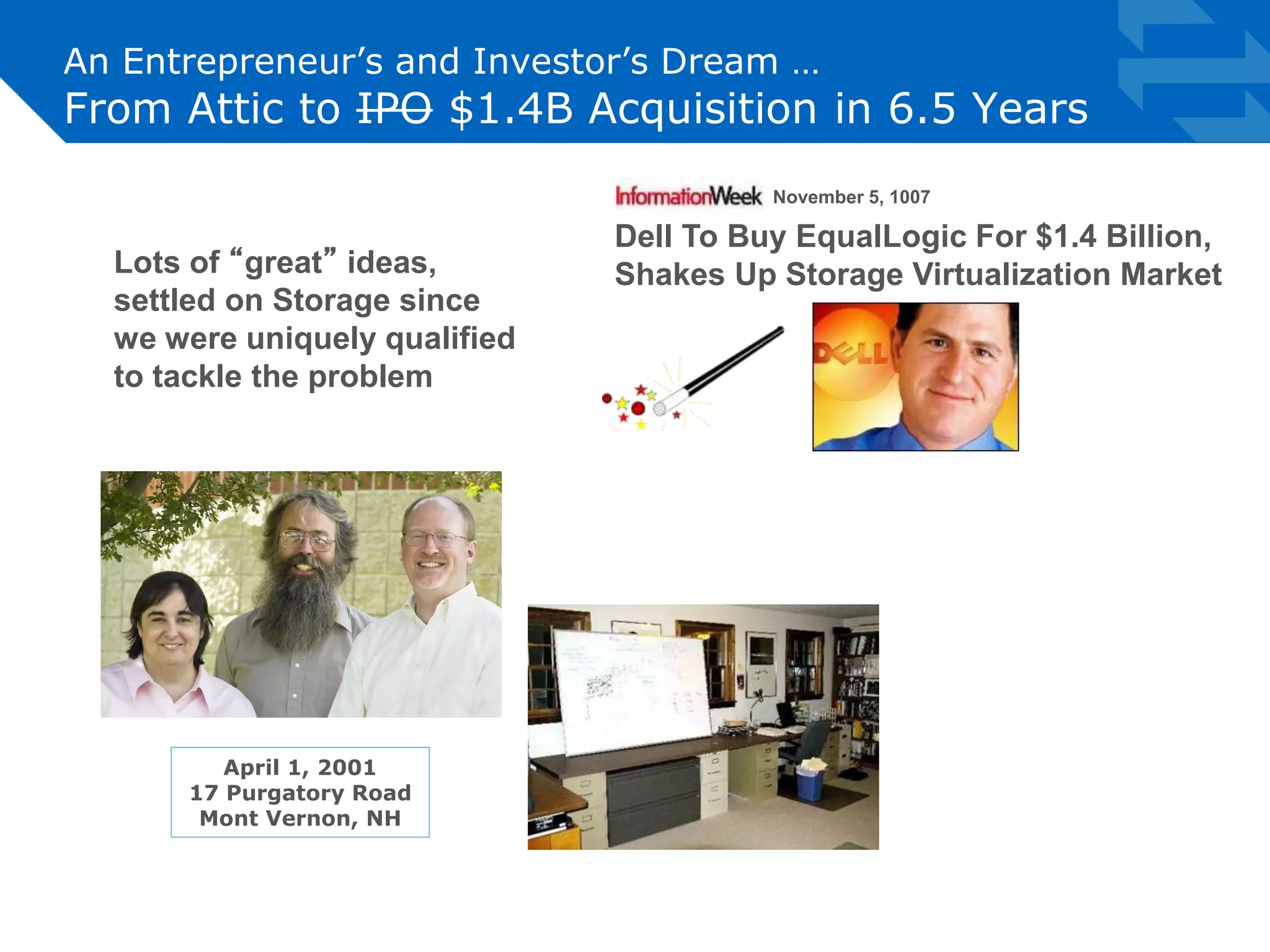 An Entrepreneur’s and Investor’s Dream … 
From Attic to IPO $1.4B Acquisition in 6.5 Years 
November 5, 1007 
Dell To Buy EqualLogic For $1.4 Billion, 
Shakes Up Storage Virtualization Market 
Lots of “great” ideas, 
settled on Storage since 
we were uniquely qualified 
to tackle the problem 
April 1, 2001 
17 Purgatory Road 
Mont Vernon, NH 
 