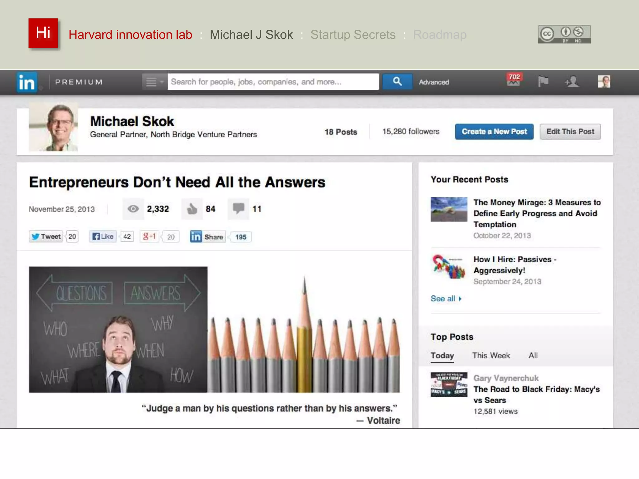 Harvard innovation lab : Michael Hi J Skok : Startup Secrets : Roadmap 
 