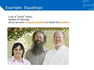 Example: Equallogic 
Lots of “great” ideas.. 
Settled on Storage - 
Since we were uniquely qualified to tackle the problem 
 