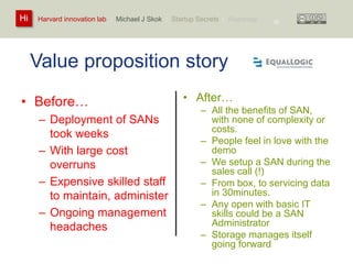 Harvard innovation lab : Michael Hi J Skok : Startup Secrets : Roadmap 
Value proposition story 
• Before… 
– Deployment of SANs 
took weeks 
– With large cost 
overruns 
– Expensive skilled staff 
to maintain, administer 
– Ongoing management 
headaches 
• After… 
– All the benefits of SAN, 
with none of complexity or 
costs. 
– People feel in love with the 
demo 
– We setup a SAN during the 
sales call (!) 
– From box, to servicing data 
in 30minutes. 
– Any open with basic IT 
skills could be a SAN 
Administrator 
– Storage manages itself 
going forward 
33 
 