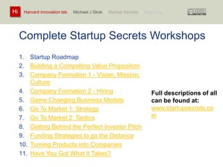 Harvard innovation lab : Michael Hi J Skok : Startup Secrets : Roadmap 
Complete Startup Secrets Workshops 
1. Startup Roadmap 
2. Building a Compelling Value Proposition 
3. Company Formation 1 - Vision, Mission, 
Culture 
4. Company Formation 2 - Hiring 
5. Game Changing Business Models 
6. Go To Market 1: Strategy 
7. Go To Market 2: Tactics 
8. Getting Behind the Perfect Investor Pitch 
9. Funding Strategies to go the Distance 
10. Turning Products into Companies 
11. Have You Got What It Takes? 
Full descriptions of all 
can be found at: 
www.startupsecrets.co 
m 
 