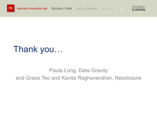 Harvard innovation lab : Michael Hi J Skok : Startup Secrets : Roadmap 
Thank you… 
Paula Long, Data Gravity 
69 
and Grace Teo and Kavita Raghavendran, Neoclosure 
 