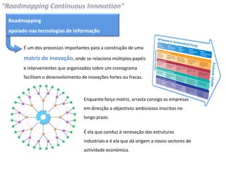Roadmapping
apoiado nas tecnologias de informação

      É um dos processos importantes para a construção de uma

      matriz de inovação, onde se relaciona múltiplos papéis
      e intervenientes que organizados sobre um cronograma
      facilitam o desenvolvimento de inovações fortes ou fracas.



                                   Enquanto força motriz, arrasta consigo as empresas
                                   em direcção a objectivos ambiciosos inscritos no
                                   longo prazo.

                                   É ela que conduz à renovação das estruturas
                                   industriais e é ela que dá origem a novos sectores de
                                   actividade económica.
 