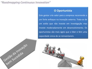 O Oportunista
Este gestor cria valor para a empresa recorrendo a
um forte enfoque na inovação externa. Trata-se de
um estilo que não investe em investigação mas
investe moderadamente em desenvolvimento. Os
oportunistas são mais ágeis que o líder e têm uma
capacidade única de se reinventarem.
 