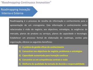 Roadmapping Inovação
Interna e Externa

      Roadmapping é o processo de recolha de informação e conhecimento para a
      apresentação de um cronograma. Esta informação e conhecimento estão
      relacionados à visão do negócio, aos objectivos, estratégias, às exigências do
      mercado, planos de produto ou serviços, planos de capacidade e tecnologia.
      Estabelecer um processo formal de elaboração de roadmaps, aceites pela
      organização, oferece os seguintes benefícios:

               1) A prática de gestão eficaz do conhecimento
               2) Concentrar nos objectivos de negócio, problemas e estratégias
               3) Capacidade aumentada para inovação contínua
               4) Concentre-se em competências centrais e visão
               5) Melhoria da qualidade de tomada de decisão e responsabilidade
 