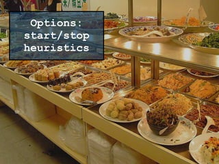 Options
MVPs/Projects are options
triggers: starting/stopping heuristics (context, events,
rules of thumb)
information value of options
Options:
start/stop
heuristics
 