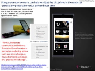 Business Roadmapping
Using pre-announcements can help to adjust the disciplines in the roadmap
- particularly production versus demand over time




‘‘formal, deliberate
communication before a
firm actually undertakes a
particular marketing action
such as a price change, a
new advertising campaign,
or a product line change’’.

http://mynokiablog.com/2011/10/01/rumours-nokia-windows-phone-
nokia-ace-to-have-4-3-amoled-1800mah-and-lte-4g-att-q1-2012-
                                                               32
searaysabre-specifications-inside/
 