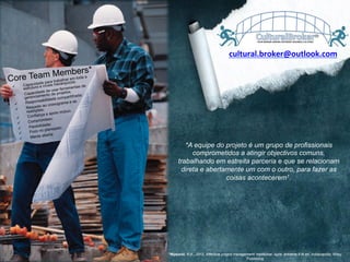 ü  Capacidade para trabalhar em toda a
estrutura e níveis hierárquicos;
ü  Capacidade de usar ferramentas de
gerenciamento de projetos;
ü  Responsabilidade compartilhada;
ü  Respeito ao cronograma e as
restrições;
ü  Confiança e apoio mútuo;
ü  Compromisso;
ü  Flexibilidade;
ü  Foco no planejado;
ü  Mente aberta
Core Team Members*
*A equipe do projeto é um grupo de profissionais
comprometidos a atingir objectivos comuns,
trabalhando em estreita parceria e que se relacionam
direta e abertamente um com o outro, para fazer as
coisas acontecerem1.
1Wysocki, R.K., 2012. Effective project management: traditional, agile, extreme.6 th ed. Indianapolis: Wiley
Publishing
cultural.broker@outlook.com	
  
 