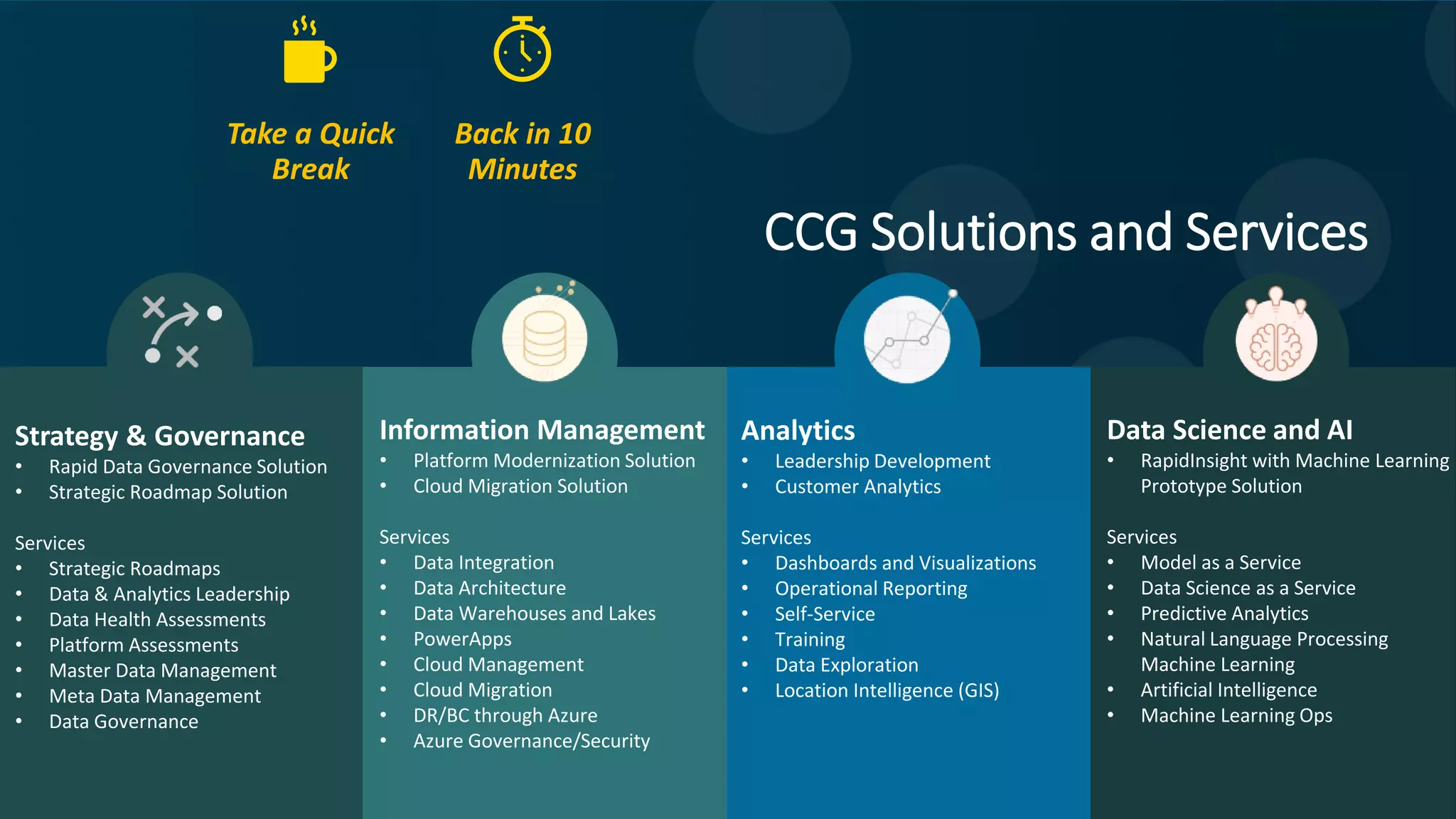 Strategy & Governance
• Rapid Data Governance Solution
• Strategic Roadmap Solution
Services
• Strategic Roadmaps
• Data & Analytics Leadership
• Data Health Assessments
• Platform Assessments
• Master Data Management
• Meta Data Management
• Data Governance
Information Management
• Platform Modernization Solution
• Cloud Migration Solution
Services
• Data Integration
• Data Architecture
• Data Warehouses and Lakes
• PowerApps
• Cloud Management
• Cloud Migration
• DR/BC through Azure
• Azure Governance/Security
Analytics
• Leadership Development
• Customer Analytics
Services
• Dashboards and Visualizations
• Operational Reporting
• Self-Service
• Training
• Data Exploration
• Location Intelligence (GIS)
Data Science and AI
• RapidInsight with Machine Learning
Prototype Solution
Services
• Model as a Service
• Data Science as a Service
• Predictive Analytics
• Natural Language Processing
Machine Learning
• Artificial Intelligence
• Machine Learning Ops
CCG Solutions and Services
Take a Quick
Break
Back in 10
Minutes
 
