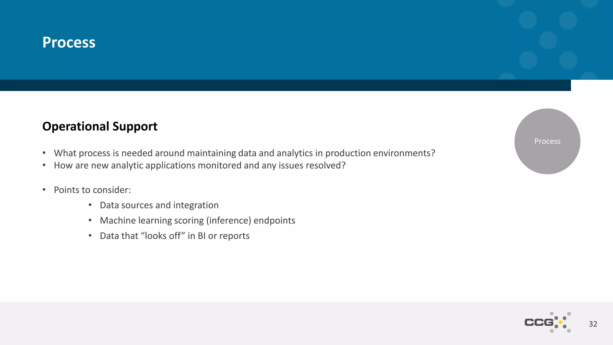 Operational Support
• What process is needed around maintaining data and analytics in production environments?
• How are new analytic applications monitored and any issues resolved?
• Points to consider:
• Data sources and integration
• Machine learning scoring (inference) endpoints
• Data that “looks off” in BI or reports
32
Process
Process
 