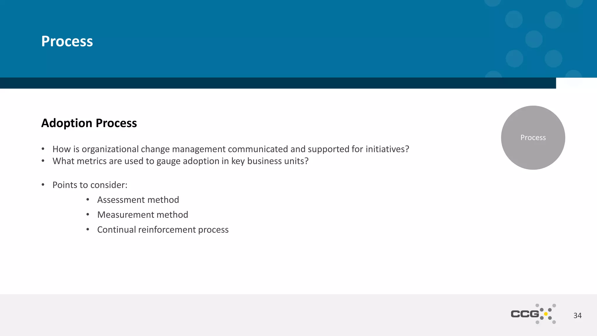 Adoption Process
• How is organizational change management communicated and supported for initiatives?
• What metrics are used to gauge adoption in key business units?
• Points to consider:
• Assessment method
• Measurement method
• Continual reinforcement process
34
Process
Process
 