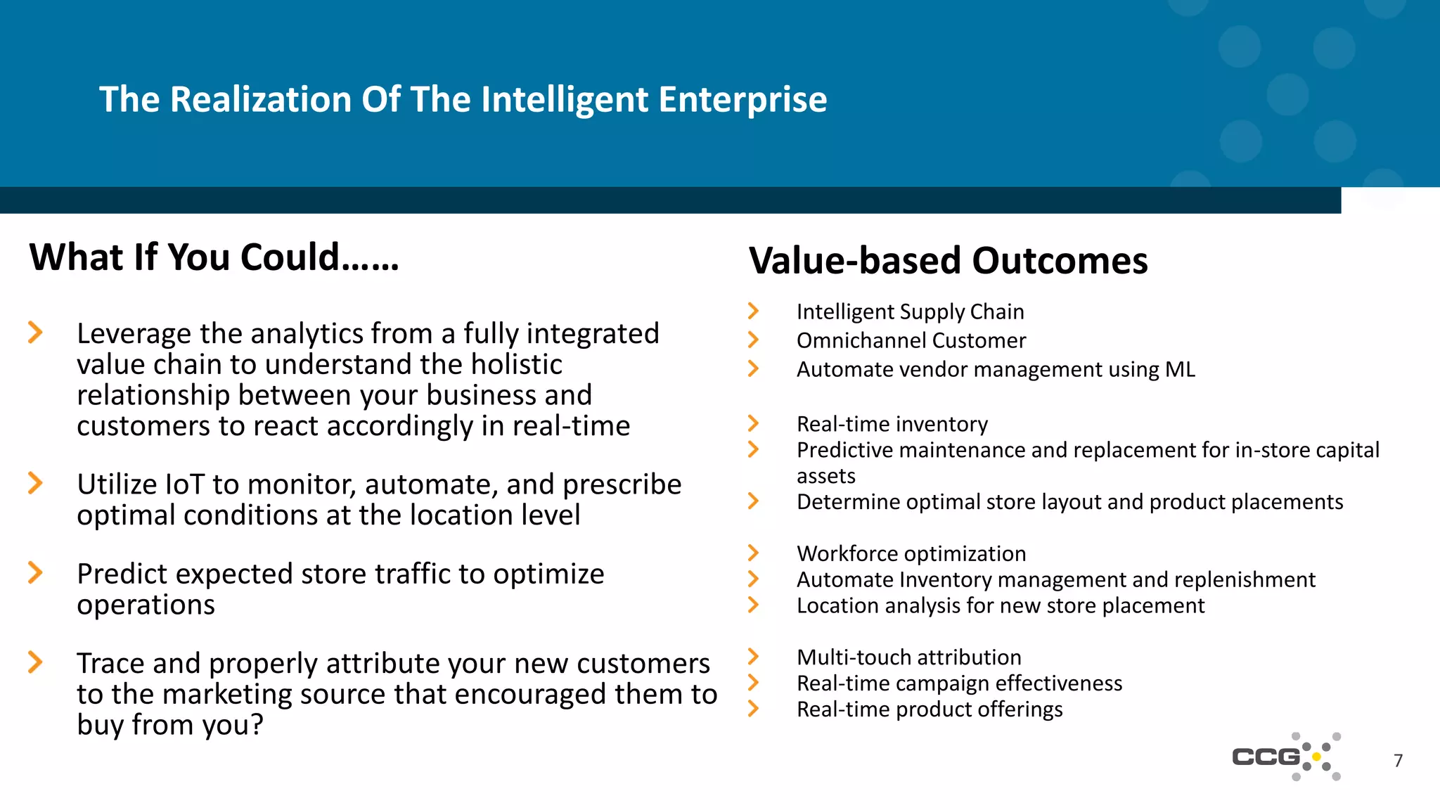 7
The Realization Of The Intelligent Enterprise
What If You Could……
Leverage the analytics from a fully integrated
value chain to understand the holistic
relationship between your business and
customers to react accordingly in real-time
Utilize IoT to monitor, automate, and prescribe
optimal conditions at the location level
Predict expected store traffic to optimize
operations
Trace and properly attribute your new customers
to the marketing source that encouraged them to
buy from you?
Value-based Outcomes
Intelligent Supply Chain
Omnichannel Customer
Automate vendor management using ML
Real-time inventory
Predictive maintenance and replacement for in-store capital
assets
Determine optimal store layout and product placements
Workforce optimization
Automate Inventory management and replenishment
Location analysis for new store placement
Multi-touch attribution
Real-time campaign effectiveness
Real-time product offerings
 