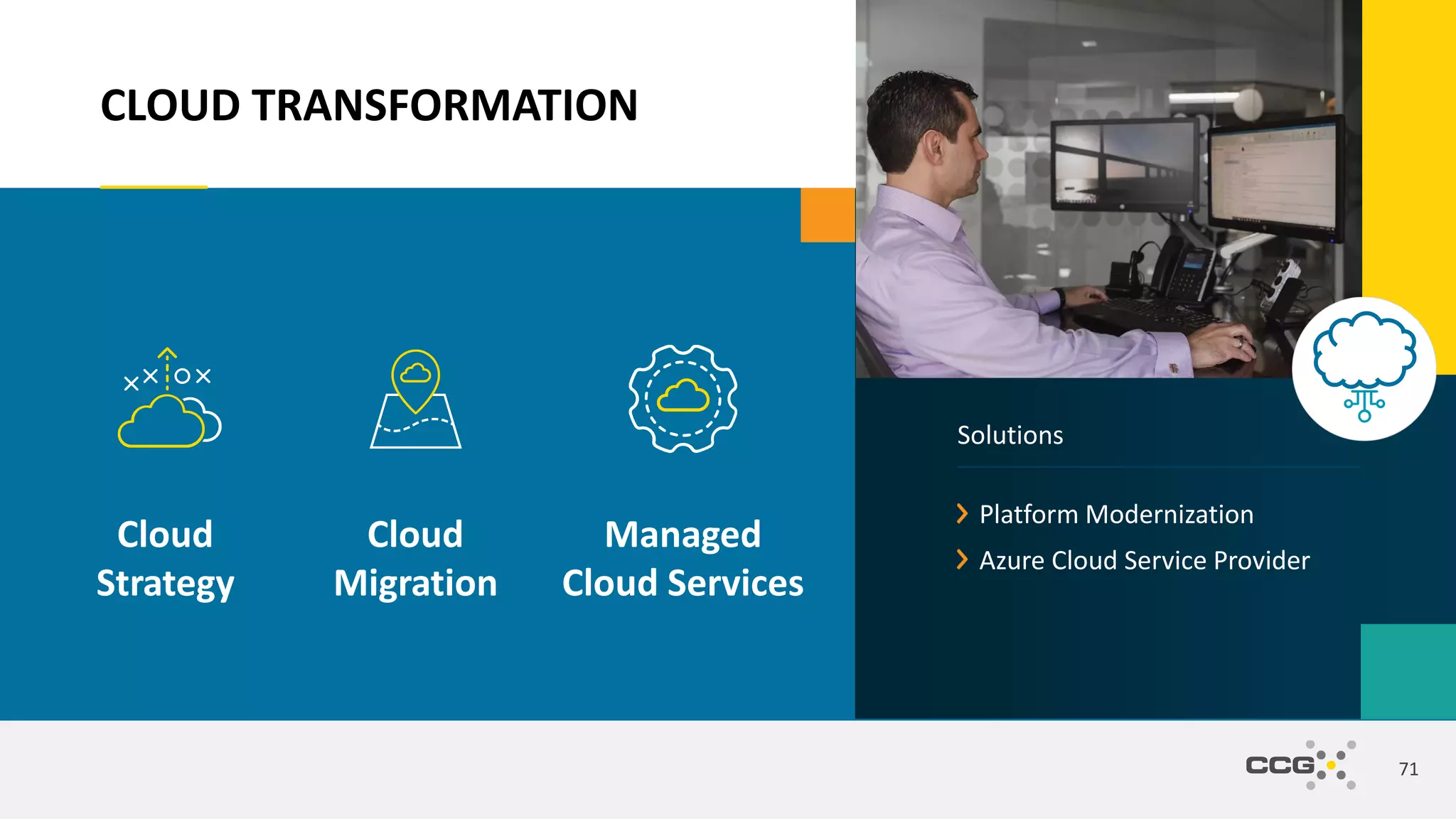 71
CLOUD TRANSFORMATION
Cloud
Strategy
Cloud
Migration
Managed
Cloud Services
Solutions
Platform Modernization
Azure Cloud Service Provider
 