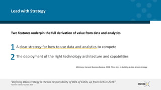 Two features underpin the full derivation of value from data and analytics
A clear strategy for how to use data and analytics to compete
The deployment of the right technology architecture and capabilities
Lead with Strategy
McKinsey, Harvard Business Review, 2013, Three keys to building a data-driven strategy
“Defining D&A strategy is the top responsibility of 86% of CDOs, up from 64% in 2016”
~Gartner CDO Survey Oct. 2019
 