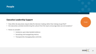 Executive Leadership Support
• How often do executives require data for decision making rather than relying on gut feel?
• Are executives actively transforming the culture from the top to encourage data use and analytics?
• Points to consider:
• Insistence upon data-backed evidence
• Socializing and evangelizing metrics
• Transparently messaging data centricity
25
People
People
 