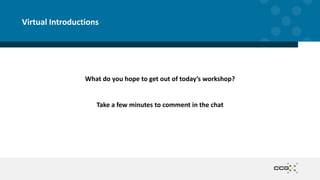 What do you hope to get out of today’s workshop?
Take a few minutes to comment in the chat
Virtual Introductions
 