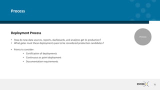 Deployment Process
• How do new data sources, reports, dashboards, and analytics get to production?
• What gates must these deployments pass to be considered production candidates?
• Points to consider:
• Certification of deployments
• Continuous vs point deployment
• Documentation requirements
31
Process
Process
 