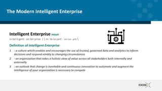 The Modern Intelligent Enterprise
Intelligent Enterprise noun
in·​tel·​li·​gent · en·​ter·​prise |  in-ˈte-lə-jənt · ˈen-tər-ˌprīz 
Definition of Intelligent Enterprise
1 : a culture which enables and encourages the use of trusted, governed data and analytics to inform
decisions and respond nimbly to changing circumstances
2 : an organization that takes a holistic view of value across all stakeholders both internally and
externally
3 : an outlook that change is inevitable and continuous innovation to automate and augment the
intelligence of your organization is necessary to compete
 