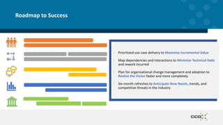 Roadmap to Success
› Prioritized use case delivery to Maximize Incremental Value
› Map dependencies and interactions to Minimize Technical Debt
and rework incurred
› Plan for organizational change management and adoption to
Realize the Vision faster and more completely
› Six-month refreshes to Anticipate New Needs, trends, and
competitive threats in the industry
 