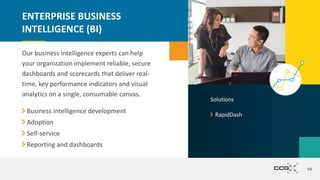 68
ENTERPRISE BUSINESS
INTELLIGENCE (BI)
Business intelligence development
Adoption
Self-service
Reporting and dashboards
Our business intelligence experts can help
your organization implement reliable, secure
dashboards and scorecards that deliver real-
time, key performance indicators and visual
analytics on a single, consumable canvas.
RapidDash
Solutions
 