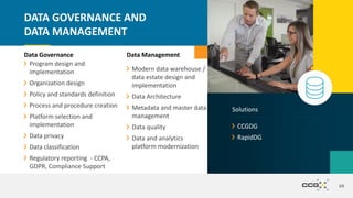 Data Management
Modern data warehouse /
data estate design and
implementation
Data Architecture
Metadata and master data
management
Data quality
Data and analytics
platform modernization
69
DATA GOVERNANCE AND
DATA MANAGEMENT
Data Governance
Program design and
implementation
Organization design
Policy and standards definition
Process and procedure creation
Platform selection and
implementation
Data privacy
Data classification
Regulatory reporting - CCPA,
GDPR, Compliance Support
CCGDG
RapidDG
Solutions
 
