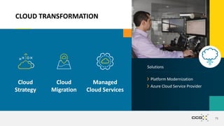 71
CLOUD TRANSFORMATION
Cloud
Strategy
Cloud
Migration
Managed
Cloud Services
Solutions
Platform Modernization
Azure Cloud Service Provider
 