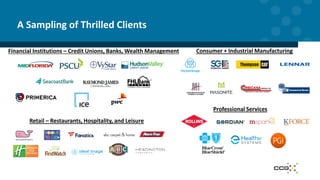 A Sampling of Thrilled Clients
Retail – Restaurants, Hospitality, and Leisure
Consumer + Industrial ManufacturingFinancial Institutions – Credit Unions, Banks, Wealth Management
Professional Services
 