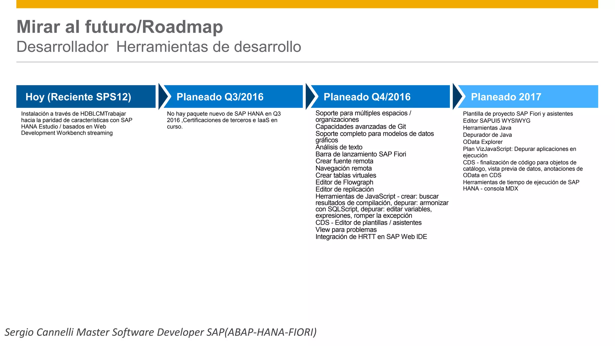 Desarrollador Herramientas de desarrollo
Instalación a través de HDBLCMTrabajar
hacia la paridad de características con SAP
HANA Estudio / basados en Web
Development Workbench streaming
Soporte para múltiples espacios /
organizaciones
Capacidades avanzadas de Git
Soporte completo para modelos de datos
gráficos
Análisis de texto
Barra de lanzamiento SAP Fiori
Crear fuente remota
Navegación remota
Crear tablas virtuales
Editor de Flowgraph
Editor de replicación
Herramientas de JavaScript - crear: buscar
resultados de compilación, depurar: armonizar
con SQLScript, depurar: editar variables,
expresiones, romper la excepción
CDS - Editor de plantillas / asistentes
VIew para problemas
Integración de HRTT en SAP Web IDE
Plantilla de proyecto SAP Fiori y asistentes
Editor SAPUI5 WYSIWYG
Herramientas Java
Depurador de Java
OData Explorer
Plan VizJavaScript: Depurar aplicaciones en
ejecución
CDS - finalización de código para objetos de
catálogo, vista previa de datos, anotaciones de
OData en CDS
Herramientas de tiempo de ejecución de SAP
HANA - consola MDX
Public 7
Hoy (Reciente SPS12) Planeado Q3/2016 Planeado Q4/2016 Planeado 2017
Mirar al futuro/Roadmap
No hay paquete nuevo de SAP HANA en Q3
2016 ,Certificaciones de terceros e IaaS en
curso.
Sergio Cannelli Master Software Developer SAP(ABAP-HANA-FIORI)
 