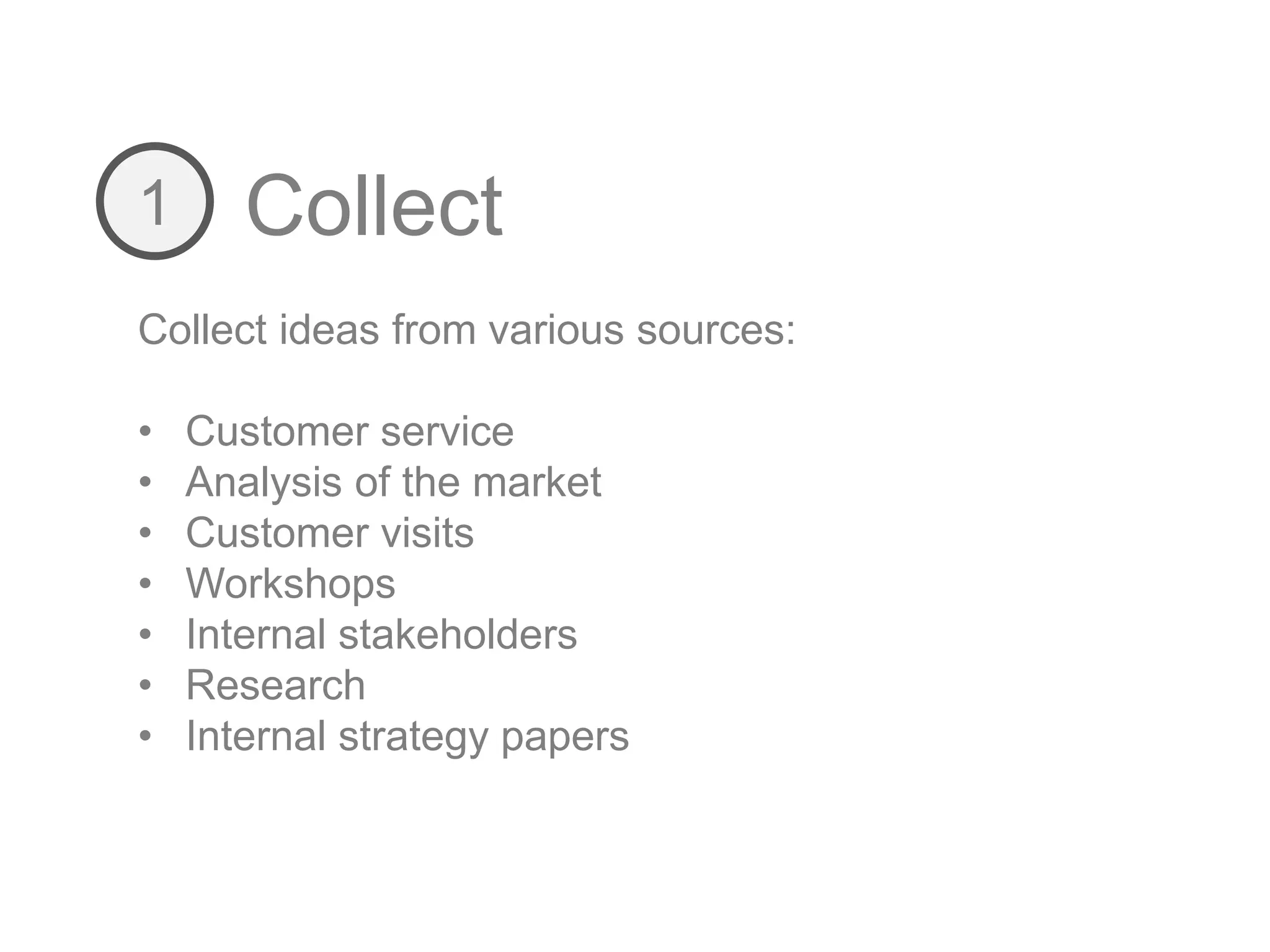 Collect1
Collect ideas from various sources:
• Customer service
• Analysis of the market
• Customer visits
• Workshops
• Internal stakeholders
• Research
• Internal strategy papers
 