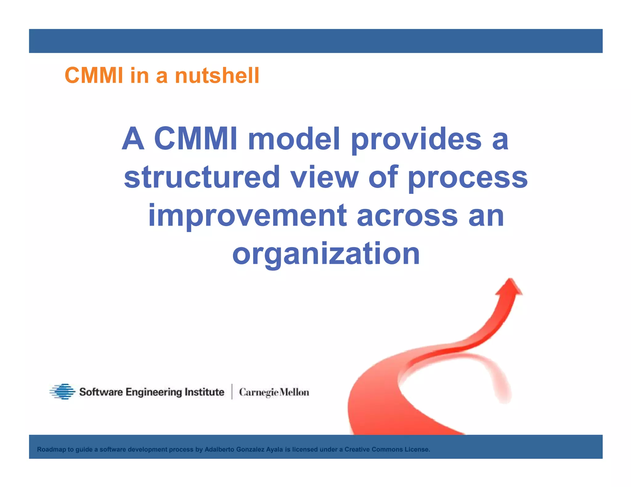 CMMI in a nutshell

                          A CMMI model provides a
                          structured view of process
                            improvement across an
                                 organization




    Adalberto Gonzalez Ayala
Roadmap to guide a software development process by Adalberto Gonzalez Ayala is licensed under a Creative Commons License.
 