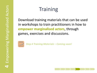 4 Empowering Marginalised Actors                    Training
                                   Download training materials that can be used
                                   in workshops to train practitioners in how to
                                   empower marginalised actors, through games,
                                   exercises and discussions.

                                      • Step 4 Training Materials – Facilitator Guide

                                      • Step 4 Training Materials – Slides
 