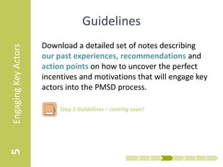 Guidelines
                      Download a detailed set of notes describing
Engaging Key Actors


                      our past experiences, recommendations and
                      action points on how to uncover the perfect
                      incentives and motivations that will engage key
                      actors into the PMSD process.

                         • Step 5 Guidelines – Engaging Key Actors
5
 