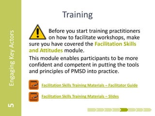 Training
                              Before you start training practitioners
Engaging Key Actors


                              on how to facilitate workshops, make
                      sure you have covered the Facilitation Skills
                      and Attitudes module.
                      This module enables participants to be more
                      confident and competent in putting the tools
                      and principles of PMSD into practice.

                         • Facilitation Skills Training Materials – Facilitator Guide

                         • Facilitation Skills Training Materials – Slides
5
 