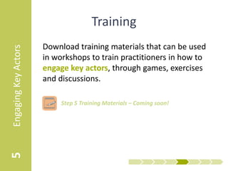 Training
                      Download training materials that can be used
Engaging Key Actors


                      in workshops to train practitioners in how to
                      engage key actors, through games, exercises
                      and discussions.

                         • Step 5 Training Materials – Facilitator Guide

                         • Step 5 Training Materials – Slides
5
 