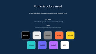 This presentation has been made using the following fonts:
PT Serif
(https://fonts.google.com/specimen/PT+Serif)
Jost
(htt...