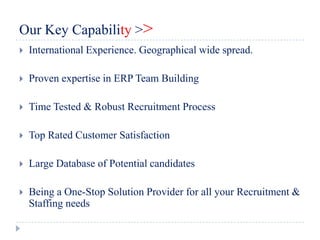 Our Key Capability >>
   International Experience. Geographical wide spread.

   Proven expertise in ERP Team Building

   Time Tested & Robust Recruitment Process

   Top Rated Customer Satisfaction

   Large Database of Potential candidates

   Being a One-Stop Solution Provider for all your Recruitment &
    Staffing needs
 