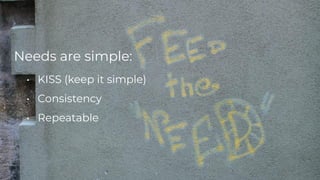 chronosphere.io
Needs are simple:
• KISS (keep it simple)
• Consistency
• Repeatable
 