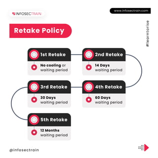 @infosectrain
#
l
e
a
r
n
t
o
r
i
s
e
www.infosectrain.com
Retake Policy
1st Retake
No cooling or
waiting period
2nd Retake
14 Days
waiting period
3rd Retake
30 Days
waiting period
4th Retake
60 Days
waiting period
5th Retake
12 Months
waiting period
 