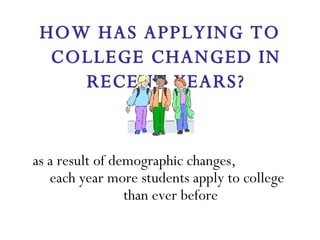 HOW HAS APPLYING TO COLLEGE CHANGED IN RECENT YEARS? as a result of demographic changes,  each year more students apply to college  than ever before 