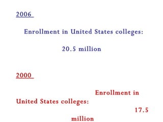 2006  Enrollment in United States colleges:  20.5 million  2000  Enrollment in United States colleges:  17.5 million THAT’S A 17% INCREASE 