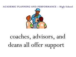 coaches, advisors, and deans all offer support  ACADEMIC PLANNING AND PERFORMANCE – High School 