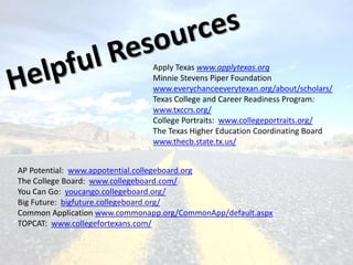 Apply Texas www.applytexas.org
Minnie Stevens Piper Foundation
www.everychanceeverytexan.org/about/scholars/
Texas College and Career Readiness Program:
www.txccrs.org/
College Portraits: www.collegeportraits.org/
The Texas Higher Education Coordinating Board
www.thecb.state.tx.us/
AP Potential: www.appotential.collegeboard.org
The College Board: www.collegeboard.com/
You Can Go: youcango.collegeboard.org/
Big Future: bigfuture.collegeboard.org/
Common Application www.commonapp.org/CommonApp/default.aspx
TOPCAT: www.collegefortexans.com/
 