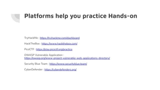 Platforms help you practice Hands-on
TryHackMe : https://tryhackme.com/dashboard
HackTheBox : https://www.hackthebox.com/
PicoCTF : https://play.picoctf.org/practice
OWASP Vulnerable Application :
https://owasp.org/www-project-vulnerable-web-applications-directory/
Security Blue Team : https://www.securityblue.team/
CyberDefender : https://cyberdefenders.org/
 