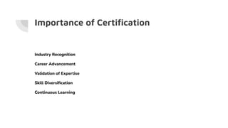 Importance of Certiﬁcation
Industry Recognition
Career Advancement
Validation of Expertise
Skill Diversiﬁcation
Continuous Learning
 